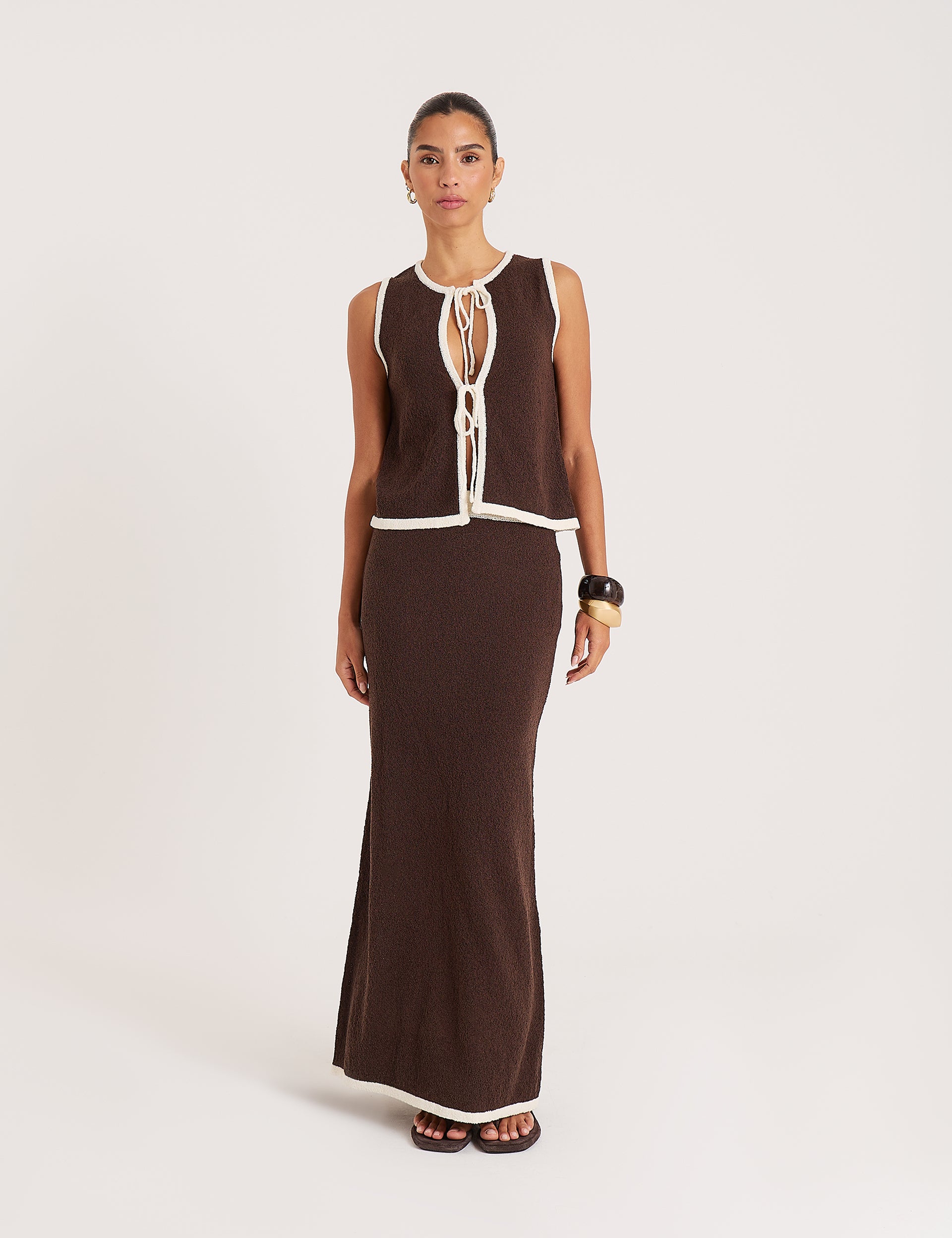 Chocolate Contrast Trim Knitted Maxi Skirt